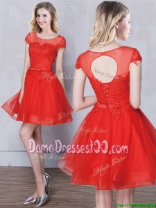 Unique Short Sleeves Tulle Red Dama Dress with Appliques and Belt
