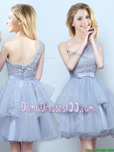 Best Selling Laced Bodice Ruffled Organza Dama Dress with One Shoulder