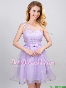 Cheap Belted One Shoulder Lavender Dama Dress with Appliques and Laced Bodice