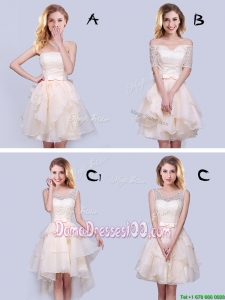 Cheap Laced Bodice and Belted Organza Champagne Dama Dress with Ruffles