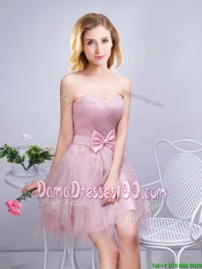 Discount Sweetheart Ruched and Bowknot Pink Short Dama Dress in Tulle