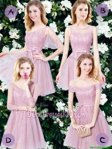 Elegant Tulle Pink Short Dama Dress with Appliques and Belt
