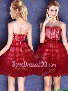 Popular See Through Scoop Wine Red Laced Dama Dress with Bowknot and Tassel