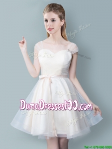 Fashionable Knee Length Champagne Dama Dress with Cap Sleeves