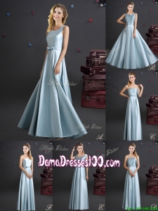 Best Selling Elastic Woven Satin Long Dama Dress in Light Blue