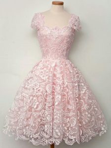 Lace Straps Cap Sleeves Lace Up Lace Court Dresses for Sweet 16 in Baby Pink