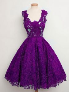 Affordable Lace Damas Dress Purple Lace Up Sleeveless Knee Length