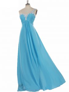 Custom Fit Aqua Blue Court Dresses for Sweet 16 Prom and Party with Appliques One Shoulder Sleeveless Zipper
