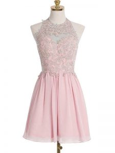 Sleeveless Chiffon Knee Length Lace Up Dama Dress in Pink with Appliques