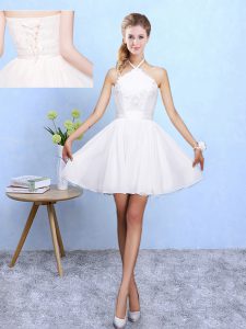 Super White Halter Top Neckline Lace and Appliques Damas Dress Sleeveless Lace Up