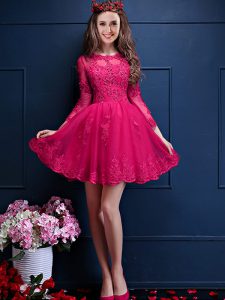 Mini Length A-line 3 4 Length Sleeve Hot Pink Court Dresses for Sweet 16 Lace Up