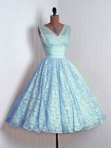 Graceful Baby Blue A-line V-neck Sleeveless Lace Mini Length Lace Up Lace Quinceanera Dama Dress