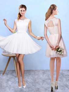 Popular Lace and Appliques Vestidos de Damas White Lace Up Sleeveless Knee Length