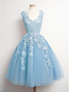 Tulle V-neck Sleeveless Lace Up Appliques Quinceanera Court Dresses in Light Blue