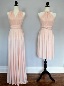 Great Baby Pink and Peach Lace Up Halter Top Ruching Quinceanera Dama Dress Chiffon Sleeveless