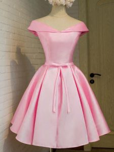 Customized Pink Court Dresses for Sweet 16 Prom and Party and Wedding Party with Belt Off The Shoulder Cap Sleeves Lace Up