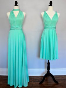Glamorous Turquoise Empire Chiffon V-neck Sleeveless Ruching Floor Length Lace Up Quinceanera Court Dresses