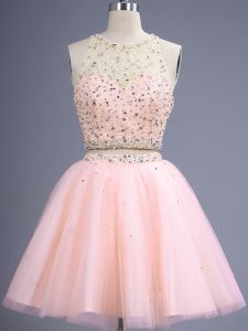 Dynamic Beading Quinceanera Court of Honor Dress Peach Lace Up Sleeveless Knee Length