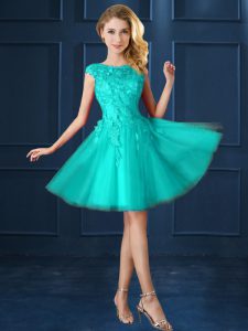 Top Selling Cap Sleeves Tulle Knee Length Lace Up Quinceanera Court of Honor Dress in Turquoise with Lace and Belt