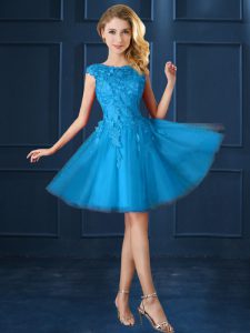 Baby Blue A-line Lace and Belt Court Dresses for Sweet 16 Lace Up Tulle Cap Sleeves Knee Length