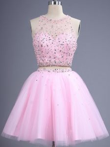 Inexpensive Pink Sleeveless Beading and Lace Knee Length Quinceanera Court of Honor Dress