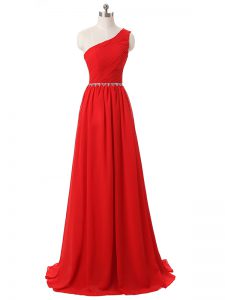 Nice Red Empire One Shoulder Sleeveless Chiffon Floor Length Side Zipper Beading and Ruching Court Dresses for Sweet 16