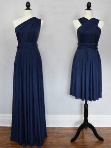 Customized Sleeveless Chiffon Floor Length Lace Up Court Dresses for Sweet 16 in Navy Blue with Ruching