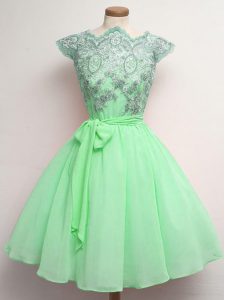 Sexy Apple Green Cap Sleeves Chiffon Lace Up Quinceanera Court Dresses for Prom and Party and Wedding Party