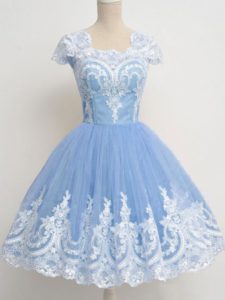 Romantic Square Cap Sleeves Quinceanera Court of Honor Dress Knee Length Lace Light Blue Tulle