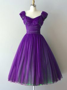 Purple V-neck Lace Up Ruching Dama Dress for Quinceanera Cap Sleeves
