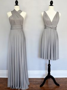 Edgy Empire Quinceanera Court of Honor Dress Grey Halter Top Chiffon Sleeveless Floor Length Lace Up