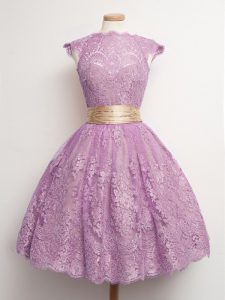 Amazing Lilac Lace Lace Up Dama Dress Cap Sleeves Knee Length Belt