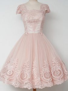 Gorgeous Peach Cap Sleeves Lace Knee Length Quinceanera Dama Dress