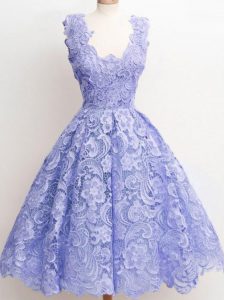 Lavender Sleeveless Knee Length Lace Zipper Quinceanera Court of Honor Dress
