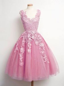 A-line Quinceanera Dama Dress Pink V-neck Tulle Sleeveless Knee Length Lace Up