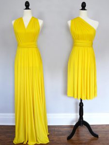 Ruching Quinceanera Court of Honor Dress Yellow Lace Up Sleeveless Floor Length