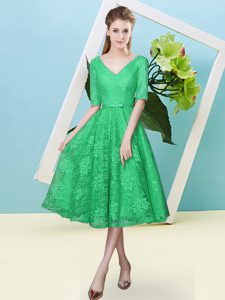 Extravagant Bowknot Court Dresses for Sweet 16 Turquoise Lace Up Half Sleeves Tea Length