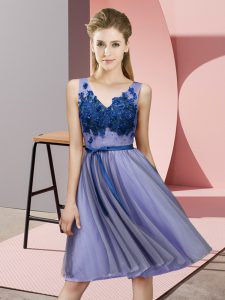 Beautiful Lavender Sleeveless Knee Length Appliques Lace Up Dama Dress