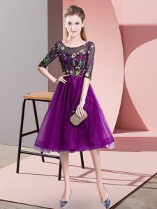 Delicate Purple Scoop Lace Up Embroidery Dama Dress for Quinceanera Half Sleeves