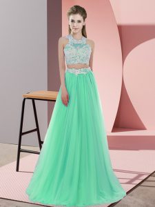 Floor Length Zipper Dama Dress for Quinceanera Apple Green for Wedding Party with Lace