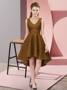 Comfortable Brown A-line Lace V-neck Sleeveless Lace High Low Zipper Court Dresses for Sweet 16
