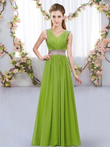 Olive Green V-neck Neckline Beading and Belt Quinceanera Court of Honor Dress Sleeveless Lace Up