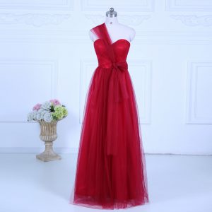 Wine Red Empire Tulle One Shoulder Sleeveless Ruching Floor Length Zipper Dama Dress