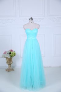 Luxury Tulle Sweetheart Sleeveless Zipper Ruching Quinceanera Court Dresses in Aqua Blue