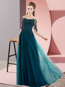 Exceptional Bateau Half Sleeves Lace Up Quinceanera Court of Honor Dress Peacock Green Chiffon