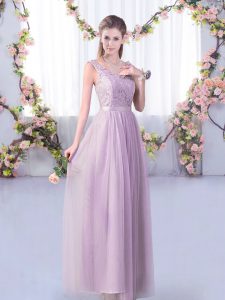 Popular Lavender Empire Lace and Belt Vestidos de Damas Side Zipper Tulle Sleeveless Floor Length