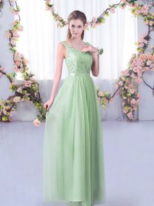 Stunning Apple Green Empire Tulle V-neck Sleeveless Lace and Belt Floor Length Side Zipper Damas Dress