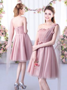 Classical Pink A-line One Shoulder Sleeveless Tulle Knee Length Lace Up Appliques and Belt Vestidos de Damas