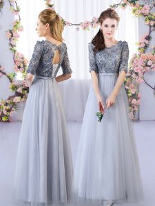Grey Half Sleeves Floor Length Appliques Lace Up Dama Dress for Quinceanera