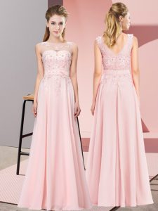 Latest Baby Pink Sleeveless Beading and Appliques Floor Length Quinceanera Court of Honor Dress